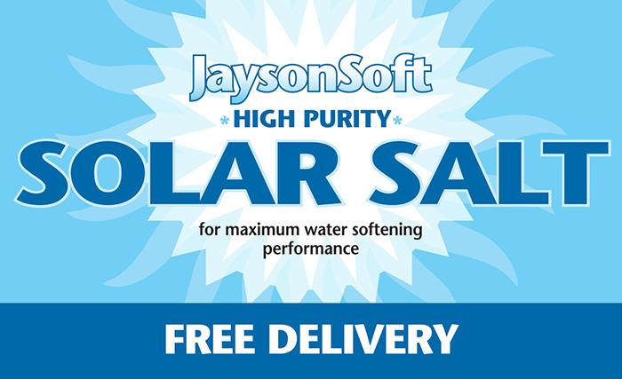 Logo illustration of JaysonSoft High Purity Solar Salt for water softening with FREE DELIVERY subhead