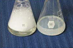 photo comparing hard water sample that resists lathering or creating suds with soap