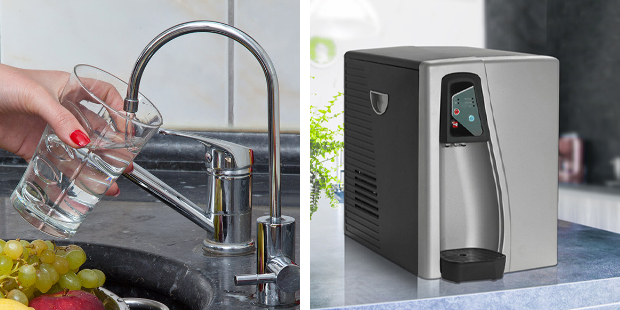 Photos of undersink reverse osmosis tap and a bottleless countertop water cooler